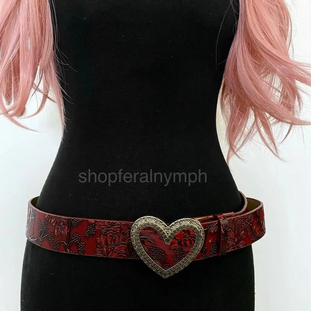 Red Floral Embossed Heart Buckle Western Y2K Belt, Fits 33-43 Inches, X7GA1288